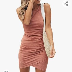 BTFBM Women Casual Dress Crew Neck Ruched Summer Sleeveless Tank Bodycon Shirt